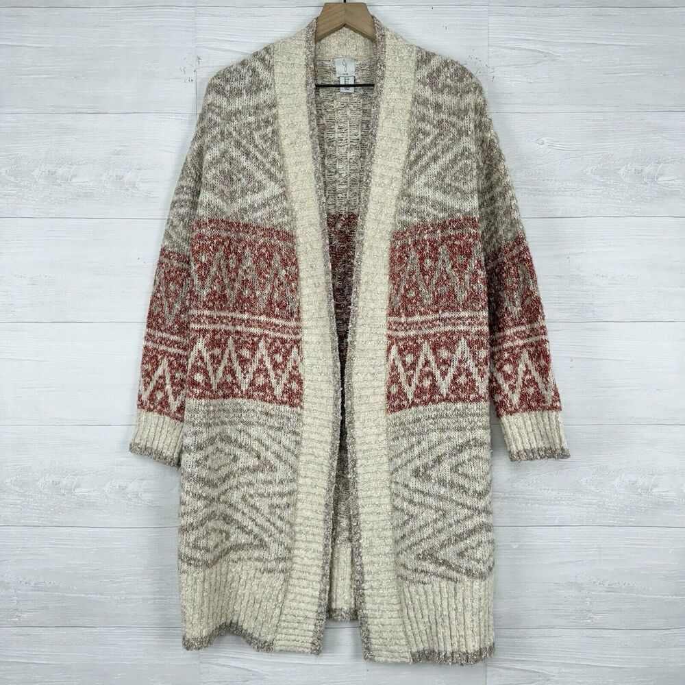 Joie Open‎ Front Longline Cardigan Women S Nordic Knit Cream Red Cozy Fair Isle